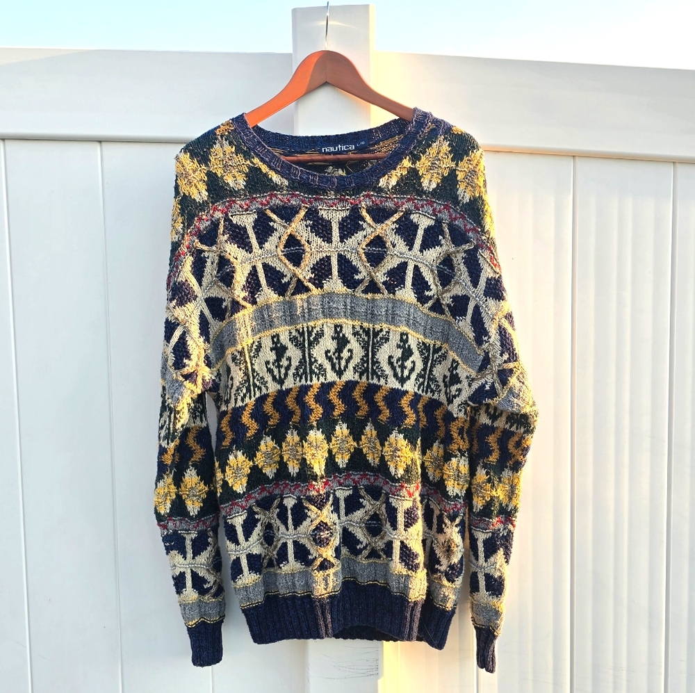Vintage 90s Nautica Cosby Patterned Chunky Sweater | Made in Hong Kong | Large
